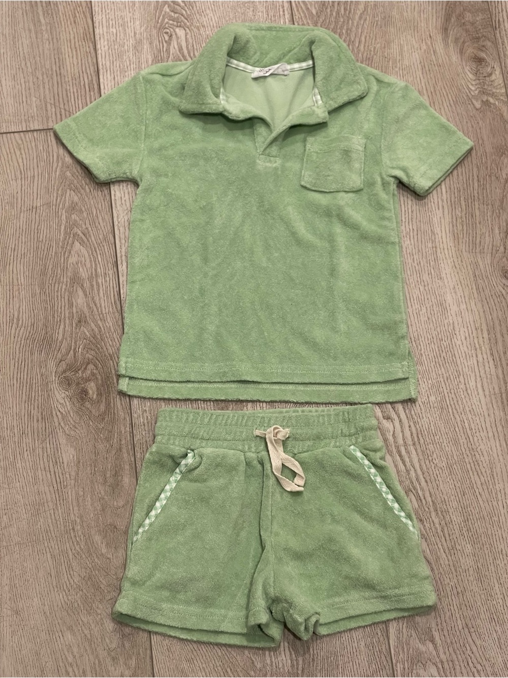 Minnow boys palm green short sleeve French terry polo and shorts (2 pc set), 2T